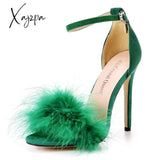 Xajzpa - Women Summer Sandals Fluffy Peep Toe Stilettos High Heels Fur Feather Lady Wedding Shoes