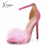 Xajzpa - Women Summer Sandals Fluffy Peep Toe Stilettos High Heels Fur Feather Lady Wedding Shoes