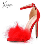 Xajzpa - Women Summer Sandals Fluffy Peep Toe Stilettos High Heels Fur Feather Lady Wedding Shoes