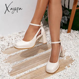 Xajzpa - Women Summer Vintage Square Toe Ankle Strap Heeled Mary Janes