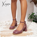 Xajzpa - Women Summer Vintage Square Toe Ankle Strap Heeled Mary Janes