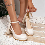 Xajzpa - Women Summer Vintage Square Toe Ankle Strap Heeled Mary Janes Beige / Eu 35 | Us 5