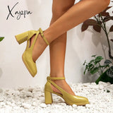 Xajzpa - Women Summer Vintage Square Toe Ankle Strap Heeled Mary Janes Yellow / Eu 35 | Us 5