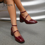 Xajzpa - Women Vintage Patent Chunky Heeled Mary Jane Pumps