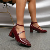 Xajzpa - Women Vintage Patent Chunky Heeled Mary Jane Pumps