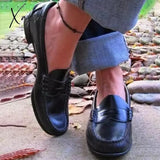 Xajzpa - Women Vintage Slip On Loafers Low Heel Pu Leather Black / 5