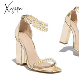 Xajzpa - Women Wedding Heels Elegant Party Sandals Chain Embellished Ankle Strap Chunky Shoes