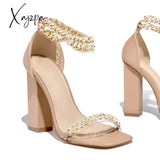 Xajzpa - Women Wedding Heels Elegant Party Sandals Chain Embellished Ankle Strap Chunky Shoes