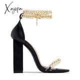 Xajzpa - Women Wedding Heels Elegant Party Sandals Chain Embellished Ankle Strap Chunky Shoes