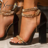 Xajzpa - Women Wedding Heels Elegant Party Sandals Chain Embellished Ankle Strap Chunky Shoes Black