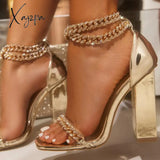 Xajzpa - Women Wedding Heels Elegant Party Sandals Chain Embellished Ankle Strap Chunky Shoes