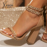 Xajzpa - Women Wedding Heels Elegant Party Sandals Chain Embellished Ankle Strap Chunky Shoes Nude