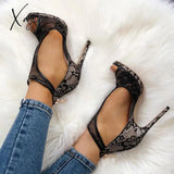 Xajzpa - Women Wedding Heels Lace Party Open Toe Cutout Thin Heel Sandals