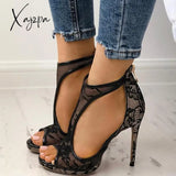 Xajzpa - Women Wedding Heels Lace Party Open Toe Cutout Thin Heel Sandals