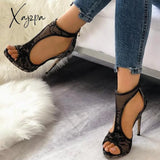 Xajzpa - Women Wedding Heels Lace Party Open Toe Cutout Thin Heel Sandals Black / 5