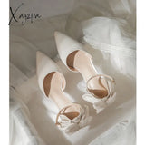 Xajzpa - Women Wedding Shoes White Back Bow Ankle Strap Pumps High Heels Sandals Bridal Thin