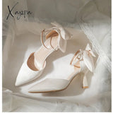 Xajzpa - Women Wedding Shoes White Back Bow Ankle Strap Pumps High Heels Sandals Women Bridal Shoes Thin Heels Pointed Toe Designer