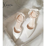 Xajzpa - Women Wedding Shoes White Back Bow Ankle Strap Pumps High Heels Sandals Bridal Thin