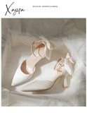 Xajzpa - Women Wedding Shoes White Back Bow Ankle Strap Pumps High Heels Sandals Bridal Thin