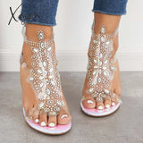 Xajzpa - Womens Buckle Open Toe Clear Sandals Chunky Rhinestone Heels