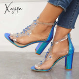 Xajzpa - Womens Buckle Open Toe Clear Sandals Chunky Rhinestone Heels