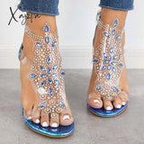 Xajzpa - Womens Buckle Open Toe Clear Sandals Chunky Rhinestone Heels