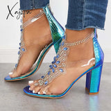 Xajzpa - Womens Buckle Open Toe Clear Sandals Chunky Rhinestone Heels Blue / 5