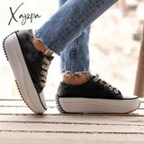 Xajzpa - Womens Casual Leather Hike Platform Sneakers Fashion Low Top Black / 5