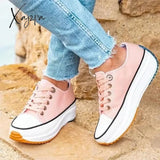 Xajzpa - Womens Casual Leather Hike Platform Sneakers Fashion Low Top Pink / 5