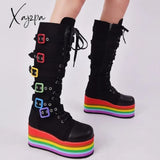 Xajzpa - Women’s Cosplay Tall Boots Wedge Heel Platform Cavalier Punk Gothic Fashion Rainbow Sole