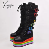 Xajzpa - Women's Cosplay Tall Boots Wedge Heel Platform Cavalier Boots Punk Gothic Fashion Rainbow Sole High Heels Knee High Women Boots