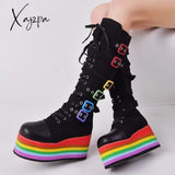 Xajzpa - Women’s Cosplay Tall Boots Wedge Heel Platform Cavalier Punk Gothic Fashion Rainbow Sole