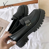 Xajzpa - Womens Derby Shoes Black Flats British Style Casual Female Sneakers Ladies' Footwear Shallow Mouth Loafers With Fur Soft