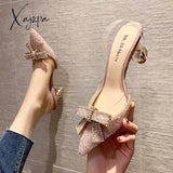 Xajzpa - Women's Elegant Crystal Butterfly-knot Shallow Wedding Shoes Korean Fashion Women Pumps Solid Flock Pointed Toe High Heels Shoes