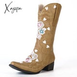 Xajzpa - Women’s Fashion Cowboy Boots For Women Boot Embroidery Winter Thick Heel Leather Long