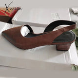Xajzpa - Women’s Fashion Slingback Pointed Toe Chunky Low Heels Brown / 35