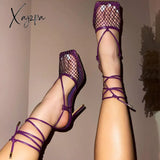 Xajzpa - Women’s Fishnet Squared Toe Lace Up Heels