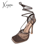 Xajzpa - Women’s Fishnet Squared Toe Lace Up Heels