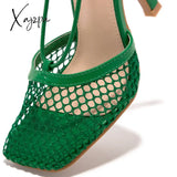 Xajzpa - Women’s Fishnet Squared Toe Lace Up Heels