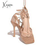 Xajzpa - Women’s Fishnet Squared Toe Lace Up Heels