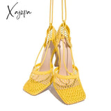 Xajzpa - Women’s Fishnet Squared Toe Lace Up Heels