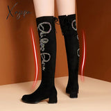 Xajzpa - Women’s Knee Boots Rhinestone Med Heels Shoes Crystal Bling Antumn Winter Woman Botas