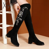 Xajzpa - Women’s Knee Boots Rhinestone Med Heels Shoes Crystal Bling Antumn Winter Woman Botas