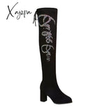 Xajzpa - Women’s Knee Boots Rhinestone Med Heels Shoes Crystal Bling Antumn Winter Woman Botas