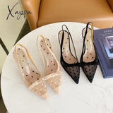 Xajzpa - Women’s Korean-Style New Polka Dot Mesh Pointed High Heel Bowknot Sandals