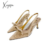 Xajzpa - Women’s Korean-Style New Polka Dot Mesh Pointed High Heel Bowknot Sandals Apricot / 35