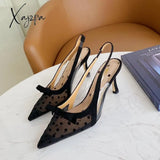 Xajzpa - Women’s Korean-Style New Polka Dot Mesh Pointed High Heel Bowknot Sandals Black / 35