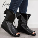 Xajzpa - Women’s Open Toe Ankle Boots Fashion Flat Booties Zip Up