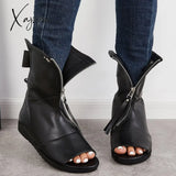 Xajzpa - Women’s Open Toe Ankle Boots Fashion Flat Booties Zip Up Black / 5