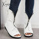 Xajzpa - Women’s Open Toe Ankle Boots Fashion Flat Booties Zip Up White / 5